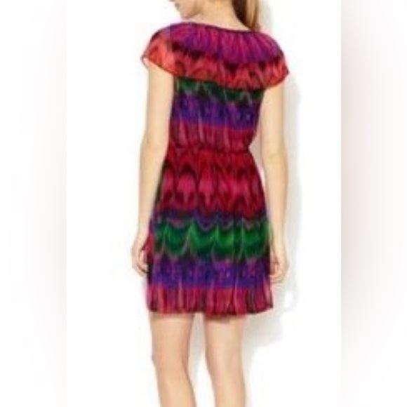 TRINA TURK Ruffle Dress Braided Neckline Colorful Eclectic Printed Jewel Tones - Picture 7 of 11